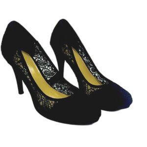 Nine West Black Lace Platform Heels Size 8M Elegant Evening Party Shoes